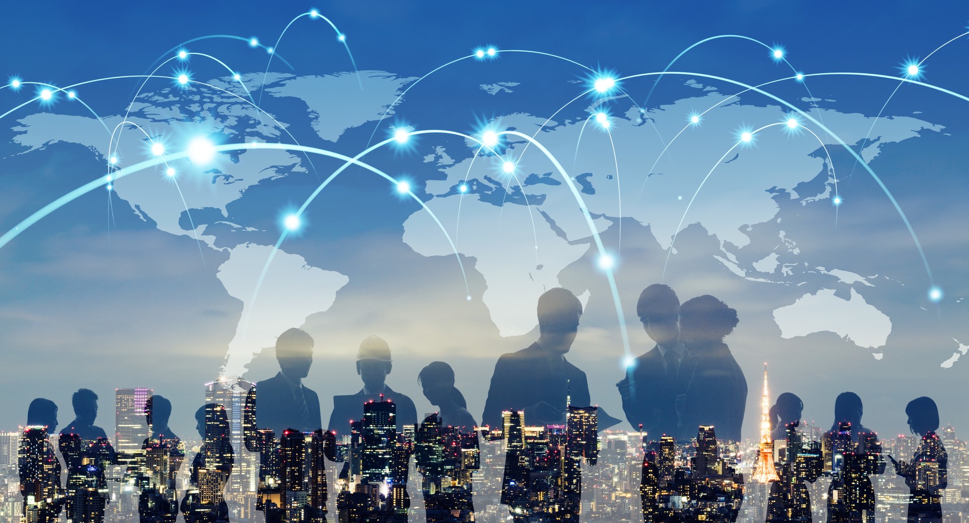 Global network concept. Map of Japan and group of people.
